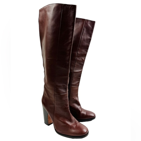 Rachel Comey Maroon leather pull on knee high heeled boots - Picture 1 of 12